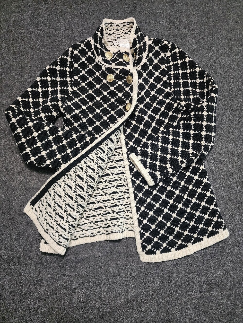 Kids Black & Cream Knit Coat with Button Front
